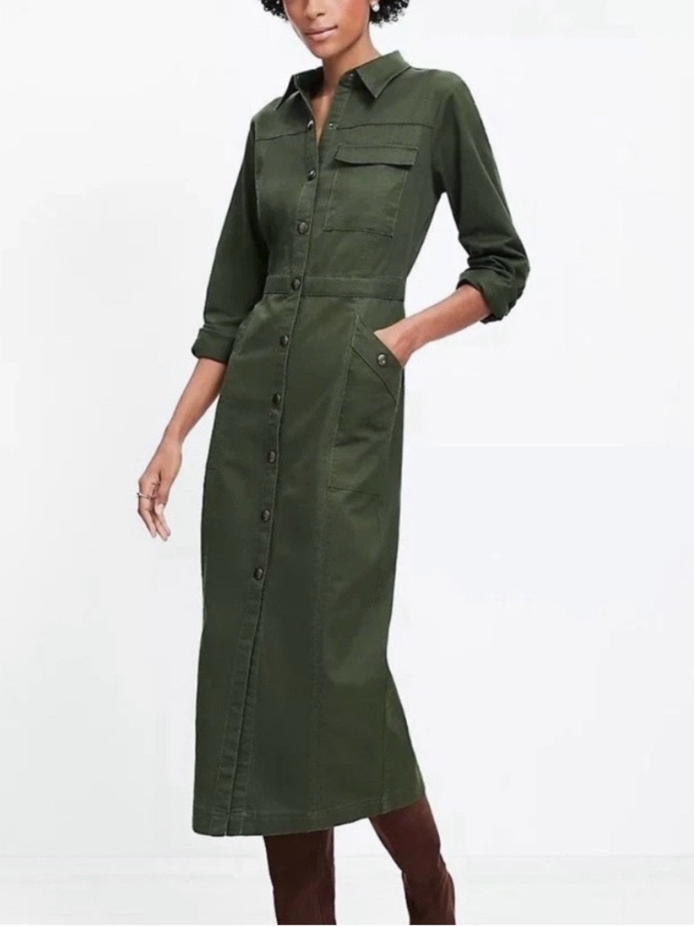 Loft Utility Cotton Shirt Dress Midi Length Long Sleeve Dark Green Size 8P
